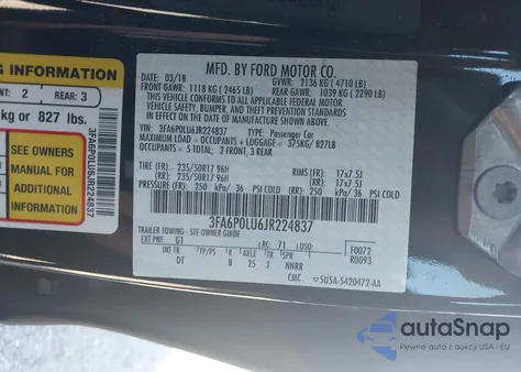 2018 Ford Fusion Hybrid Se из США, поврежденный, VIN 3FA6P0LU6JR224837